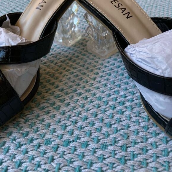 Square Heels Sandals Block Lucite Clear Chunky Heel Mules Peep Toe, Size EUR 37 - Picture 8 of 11